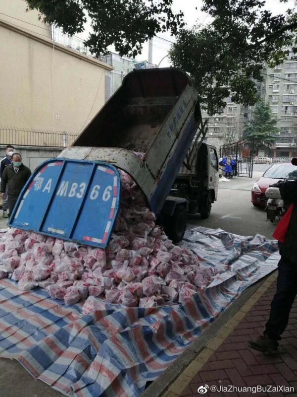 图为垃圾车在倾倒猪肉。（网络图片）.jpg