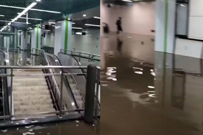 湖南长沙地铁三号线一个出口出现涌水情况。.png